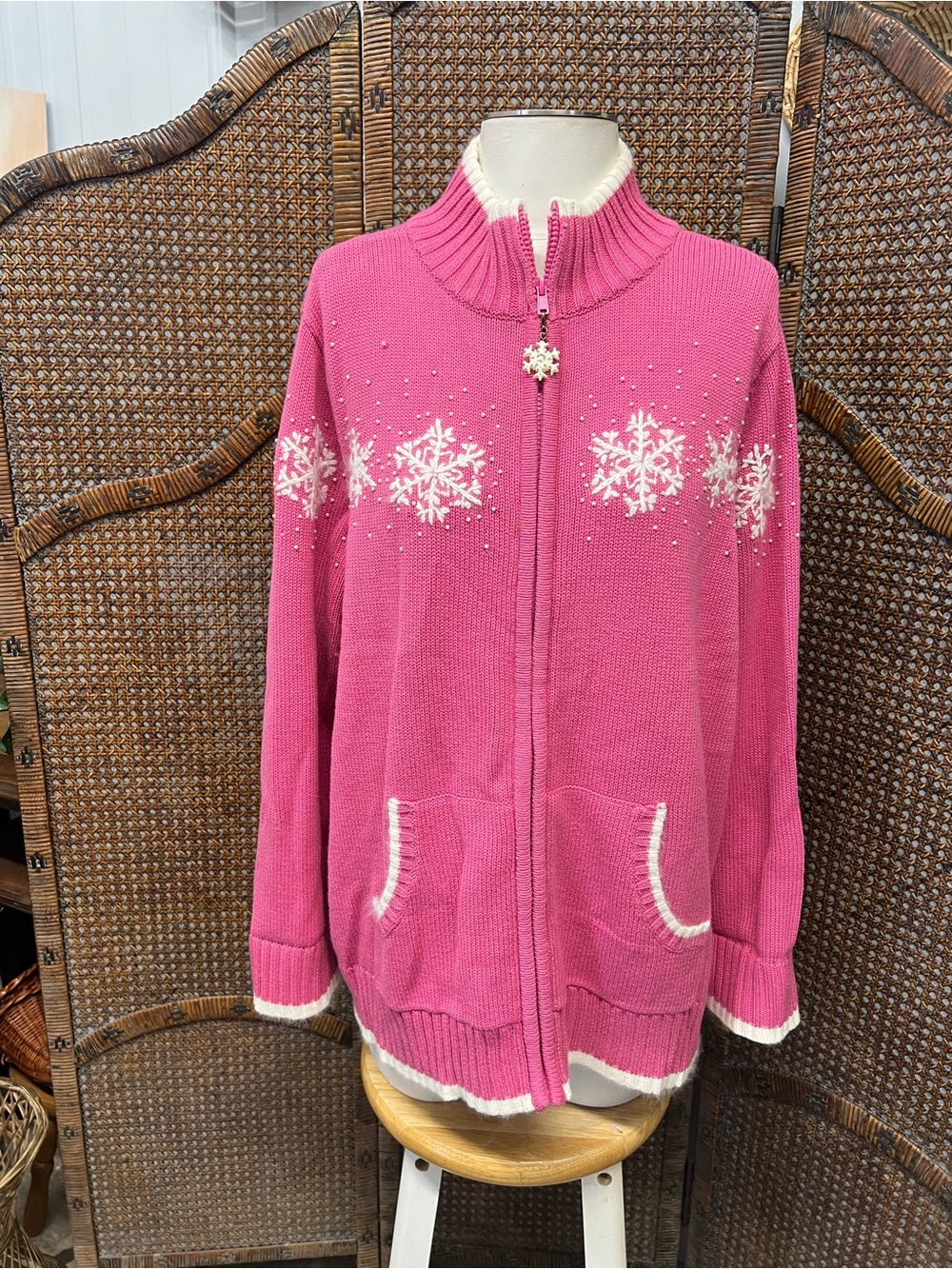 Quacker factory cardigan sweater pink white snowflake vintage 1X